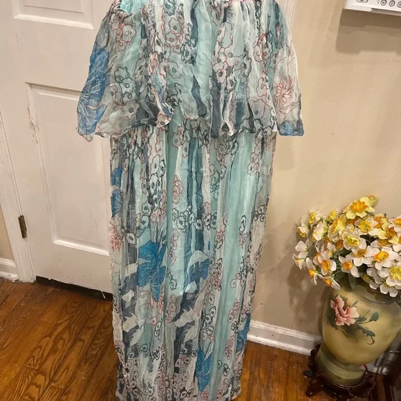 New Free People OLLARI Chiffon Printed Jumpsuit $198sz M - Blue